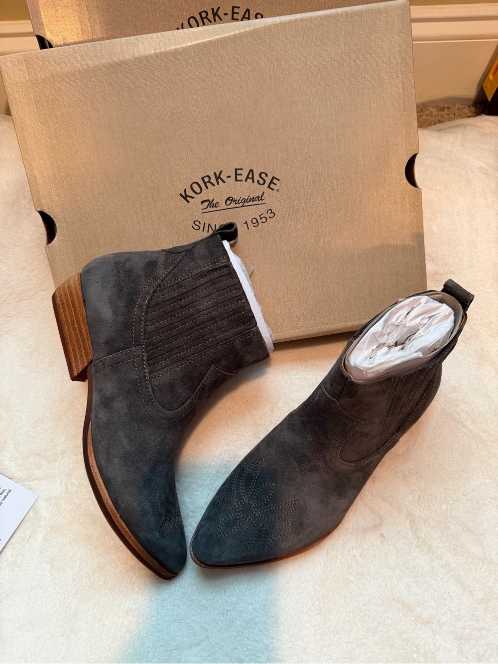 Kork-Ease Charcoal Suede Western Ankle Booties